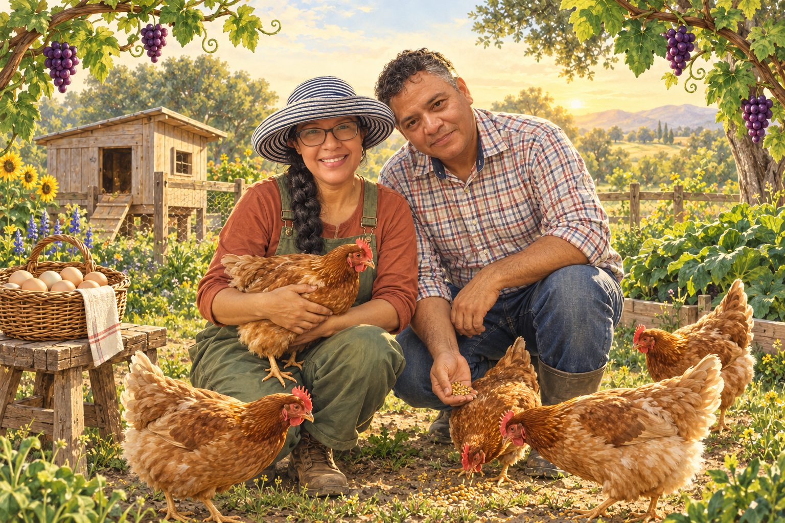 Ilustración de Martha y Luis compartiendo en el gallinero