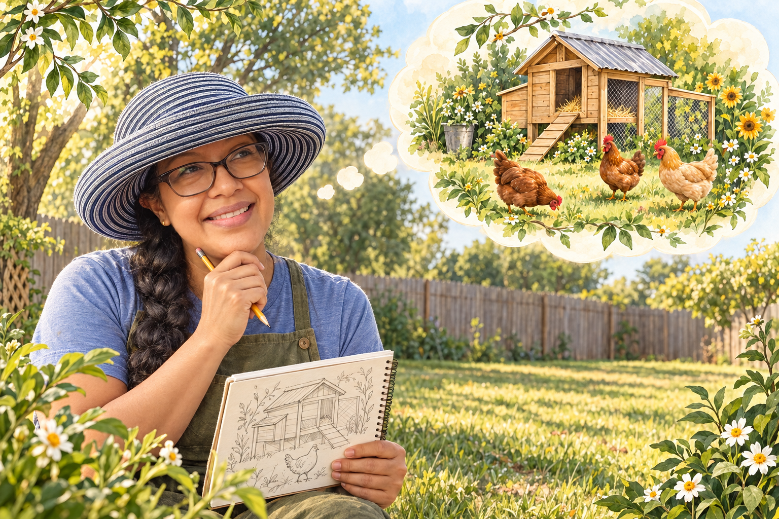Martha imagina su futuro gallinero desde una parcela todavía sin construir; el gallinero aparece en una nube de pensamiento