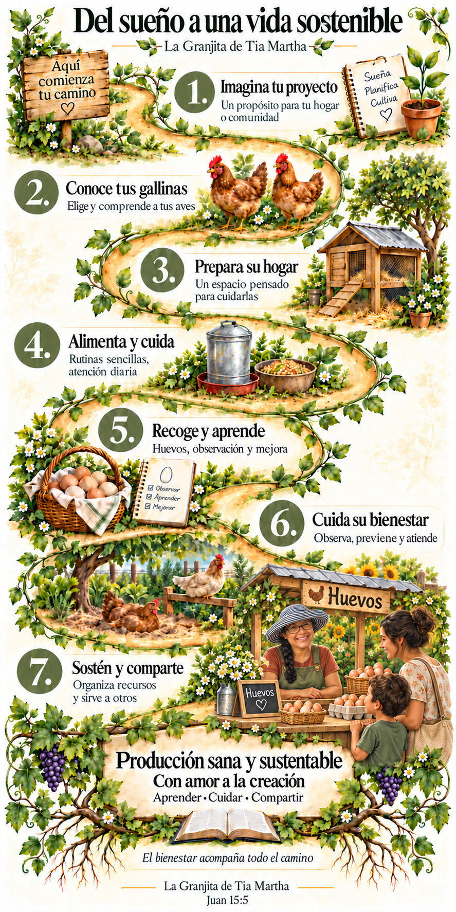 Mapa ilustrado: 1 Imagina tu proyecto; 2 Conoce tus gallinas; 3 Prepara su hogar; 4 Alimenta y cuida; 5 Recoge y aprende; 6 Cuida su bienestar; 7 Sostén y comparte. Tía Martha atiende un puesto de venta de huevos junto a una mamá y su niño. Al pie: La Granjita de Tia Martha, Juan 15:5.